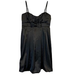Vntg Y2k Babydoll Dress Size M‎ Zip Bubble Hem Ruched Knee Length Black Satin